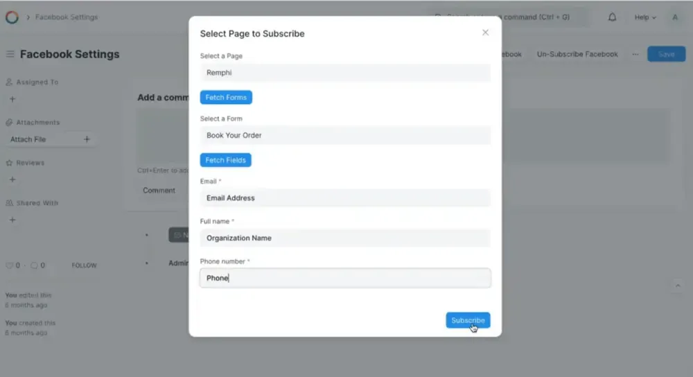 The Facebook settings screen in OneHash, choosing which Facebook pages to subscribe to.