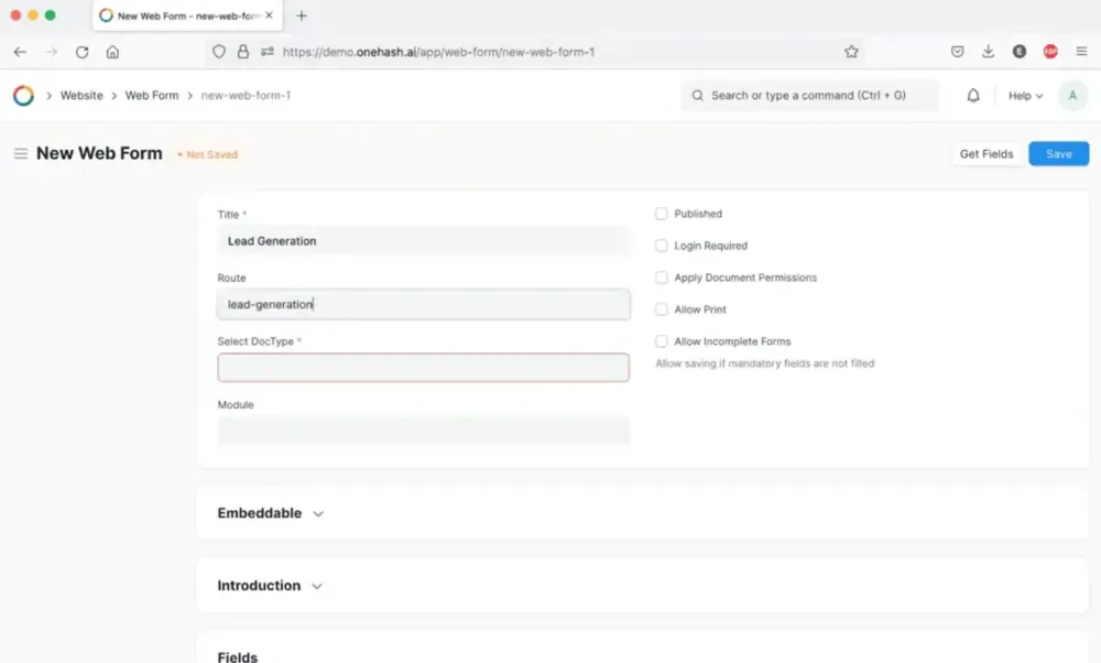 Creating a new web form in OneHash, with the form route and title fields.