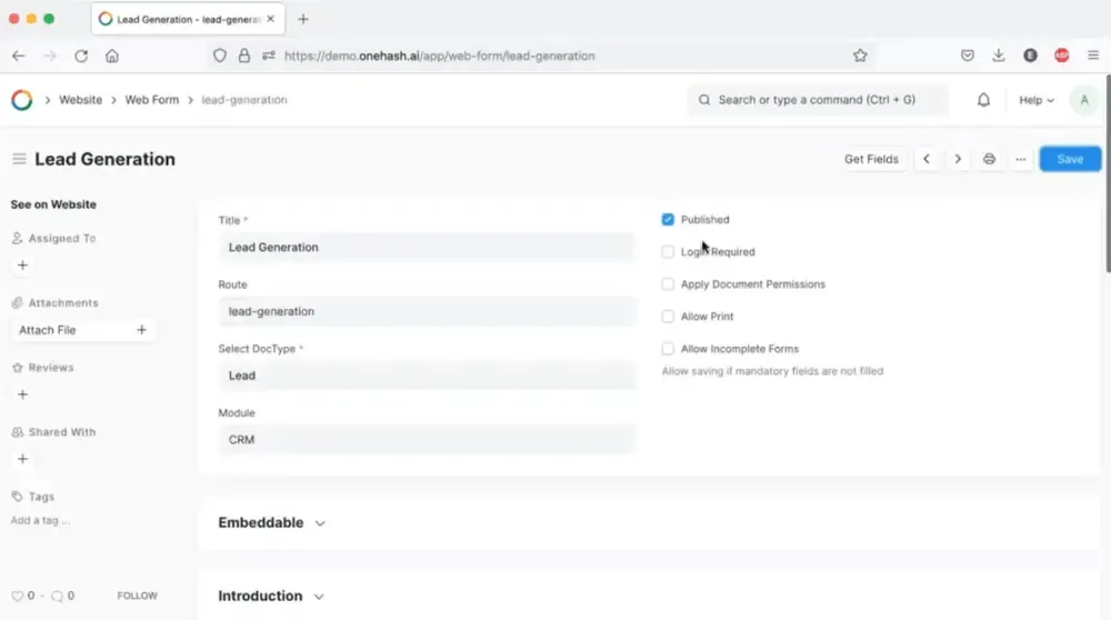 The web form field list, mapping each form field to a field on the Lead record.